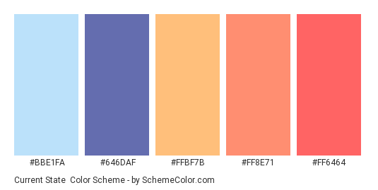Current State - Color scheme palette thumbnail - #BBE1FA #646DAF #FFBF7B #FF8E71 #FF6464 