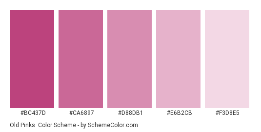 Old Pinks - Color scheme palette thumbnail - #BC437D #CA6897 #D88DB1 #E6B2CB #F3D8E5 