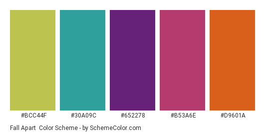 Fall Apart - Color scheme palette thumbnail - #BCC44F #30A09C #652278 #B53A6E #D9601A 