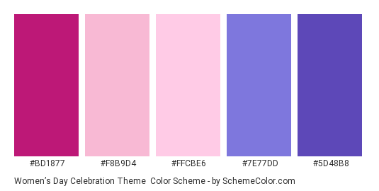 Women’s Day Celebration Theme - Color scheme palette thumbnail - #BD1877 #F8B9D4 #FFCBE6 #7E77DD #5D48B8 