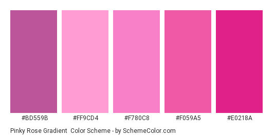 Pinky Rose Gradient - Color scheme palette thumbnail - #BD559B #FF9CD4 #F780C8 #F059A5 #E0218A 