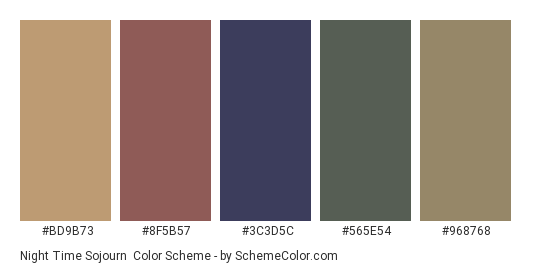 Night Time Sojourn - Color scheme palette thumbnail - #BD9B73 #8F5B57 #3C3D5C #565E54 #968768 
