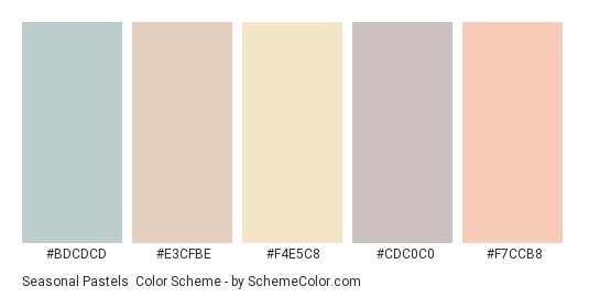 Seasonal Pastels - Color scheme palette thumbnail - #BDCDCD #E3CFBE #F4E5C8 #CDC0C0 #F7CCB8 