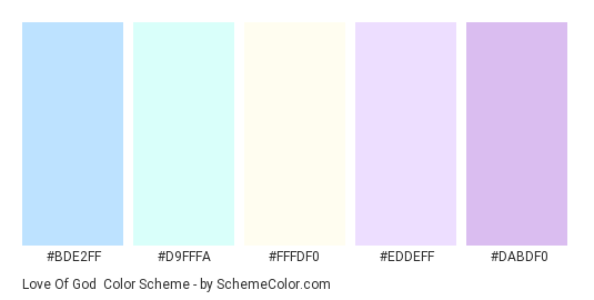 Love of God - Color scheme palette thumbnail - #BDE2FF #D9FFFA #FFFDF0 #EDDEFF #DABDF0 