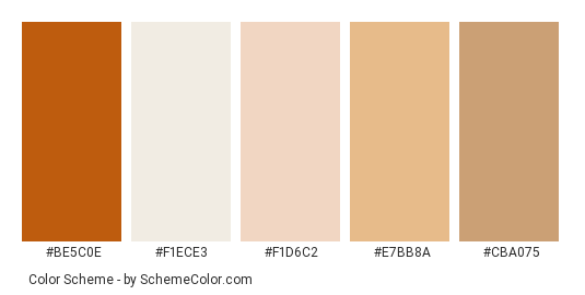 Cozy Winters - Color scheme palette thumbnail - #BE5C0E #F1ECE3 #F1D6C2 #E7BB8A #CBA075 