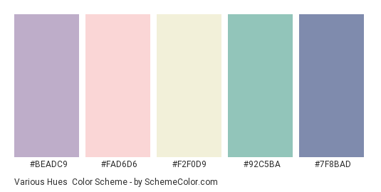 Various Hues - Color scheme palette thumbnail - #BEADC9 #FAD6D6 #F2F0D9 #92C5BA #7F8BAD 
