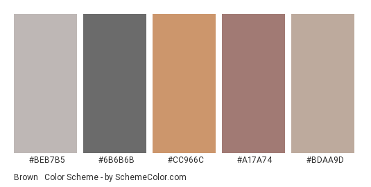 Brown & Grey Pastels - Color scheme palette thumbnail - #BEB7B5 #6B6B6B #CC966C #A17A74 #BDAA9D 