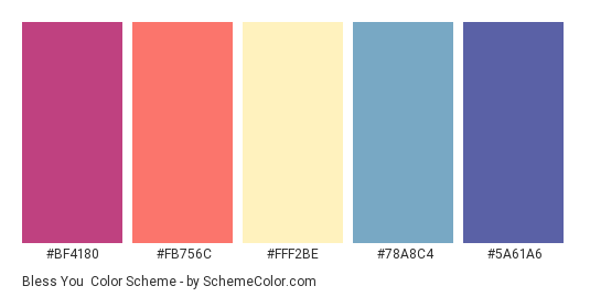 Bless You - Color scheme palette thumbnail - #BF4180 #FB756C #FFF2BE #78A8C4 #5A61A6 