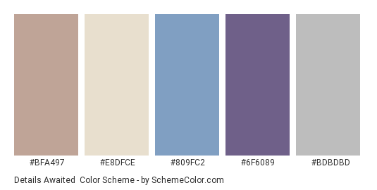 Details Awaited - Color scheme palette thumbnail - #BFA497 #E8DFCE #809FC2 #6F6089 #BDBDBD 