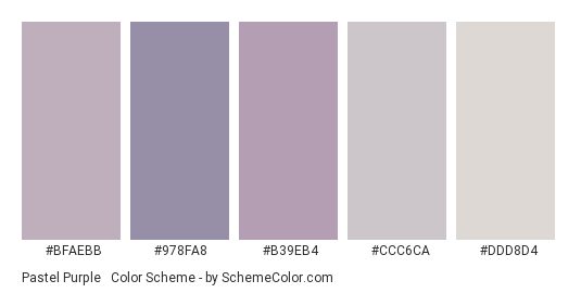 Pastel Purple & Grey - Color scheme palette thumbnail - #BFAEBB #978FA8 #B39EB4 #CCC6CA #DDD8D4 