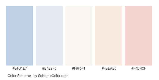 Smooth & Gentle - Color scheme palette thumbnail - #BFD1E7 #E4E9F0 #F9F6F1 #FBEAE0 #F4D4CF 