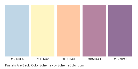 Pastels are Back - Color scheme palette thumbnail - #BFD6E6 #FFF6C2 #FFC8A3 #B584A1 #927099 