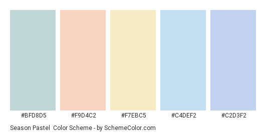 Season Pastel - Color scheme palette thumbnail - #BFD8D5 #F9D4C2 #F7EBC5 #C4DEF2 #C2D3F2 