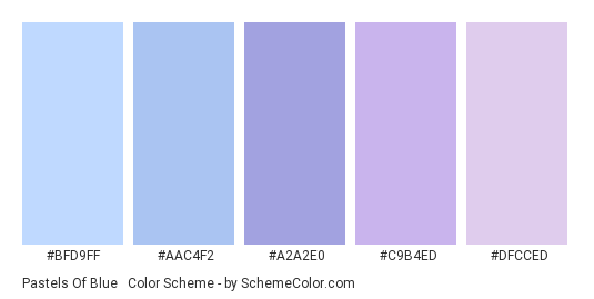 Pastels of Blue & Violet - Color scheme palette thumbnail - #BFD9FF #AAC4F2 #A2A2E0 #C9B4ED #DFCCED 