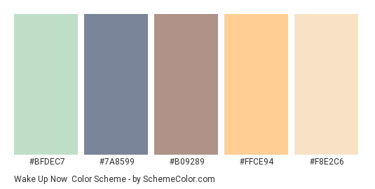 Wake Up Now - Color scheme palette thumbnail - #BFDEC7 #7A8599 #B09289 #FFCE94 #F8E2C6 