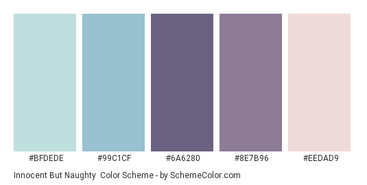 Innocent but Naughty - Color scheme palette thumbnail - #BFDEDE #99C1CF #6A6280 #8E7B96 #EEDAD9 