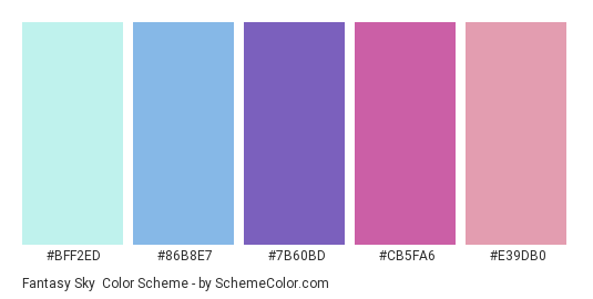 Fantasy Sky - Color scheme palette thumbnail - #BFF2ED #86B8E7 #7B60BD #CB5FA6 #E39DB0 
