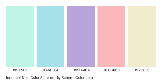 Innocent Nod - Color scheme palette thumbnail - #BFF5E5 #A6E1EA #B7A4DA #FCB8B8 #F2ECCE 