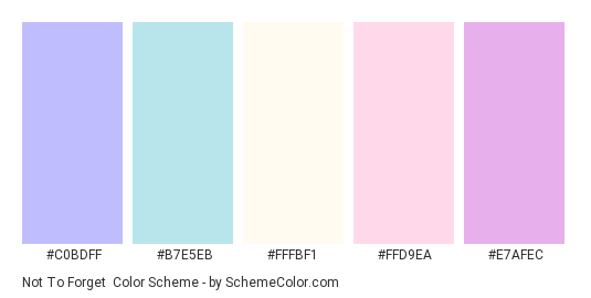 Not to Forget - Color scheme palette thumbnail - #C0BDFF #B7E5EB #FFFBF1 #FFD9EA #E7AFEC 