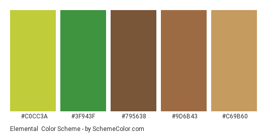 Elemental - Color scheme palette thumbnail - #C0CC3A #3F943F #795638 #9D6B43 #C69B60 