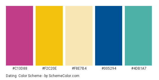 Dating - Color scheme palette thumbnail - #C13D88 #F2C20E #F8E7B4 #005294 #4DB1A7 