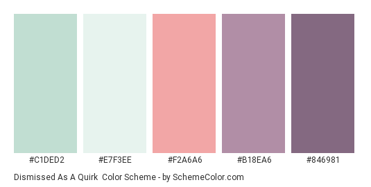 Dismissed as a Quirk - Color scheme palette thumbnail - #C1DED2 #E7F3EE #F2A6A6 #B18EA6 #846981 