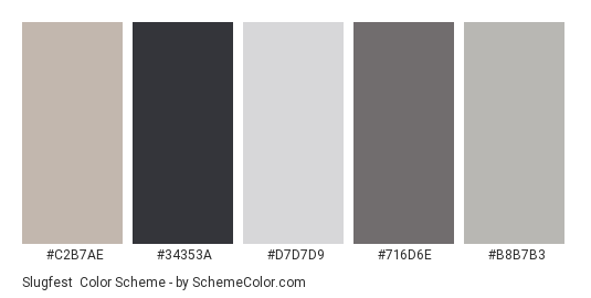 Slugfest - Color scheme palette thumbnail - #C2B7AE #34353A #D7D7D9 #716D6E #B8B7B3 