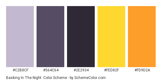 Basking in the Night - Color scheme palette thumbnail - #C2B8CF #564C64 #2E2934 #FED82F #FD9D2A 