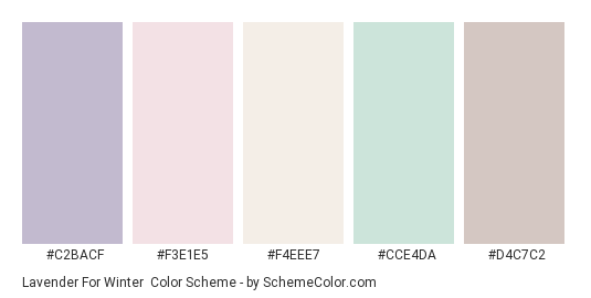 Lavender for Winter - Color scheme palette thumbnail - #C2BACF #F3E1E5 #F4EEE7 #CCE4DA #D4C7C2 