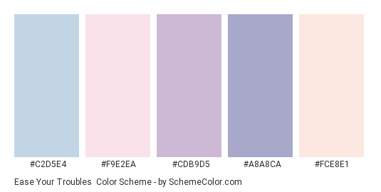 Ease Your Troubles - Color scheme palette thumbnail - #C2D5E4 #F9E2EA #CDB9D5 #A8A8CA #FCE8E1 