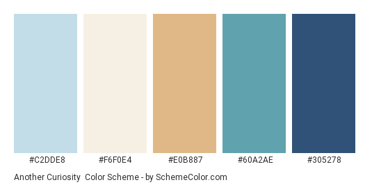 Another Curiosity - Color scheme palette thumbnail - #C2DDE8 #F6F0E4 #E0B887 #60A2AE #305278 