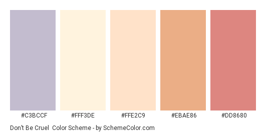 Don’t Be Cruel - Color scheme palette thumbnail - #C3BCCF #FFF3DE #FFE2C9 #EBAE86 #DD8680 