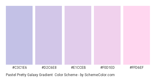 Pastel Pretty Galaxy Gradient - Color scheme palette thumbnail - #C3C1E6 #D2C6E8 #E1CCEB #F0D1ED #FFD6EF 