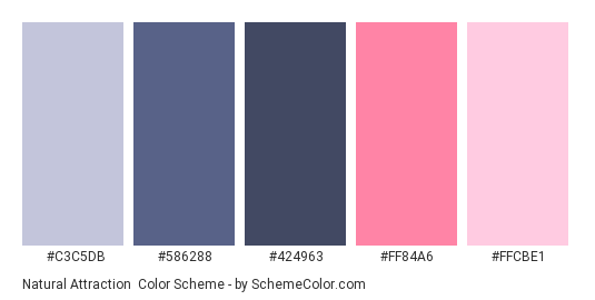 Natural Attraction - Color scheme palette thumbnail - #C3C5DB #586288 #424963 #FF84A6 #FFCBE1 