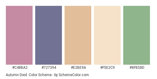 Autumn Died - Color scheme palette thumbnail - #C48BA2 #727394 #E2BE9A #F5E2C9 #8FB58D 