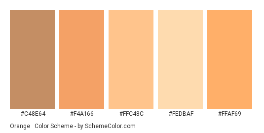 Orange & Brown Pastels - Color scheme palette thumbnail - #C48E64 #F4A166 #FFC48C #FEDBAF #FFAF69 