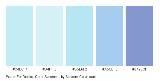 Water for Drinks - Color scheme palette thumbnail - #C4ECF4 #D4F1F8 #B5E6F2 #A6CDF0 #8498CF 