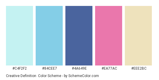 Creative Definition - Color scheme palette thumbnail - #C4F2F2 #84CEE7 #4A649E #EA77AC #EEE2BC 
