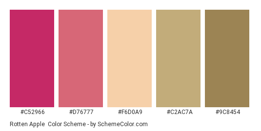 Rotten Apple - Color scheme palette thumbnail - #C52966 #D76777 #F6D0A9 #C2AC7A #9C8454 