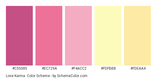 Love Karma - Color scheme palette thumbnail - #C55085 #EC729A #F4ACC2 #FDFBBB #FDEAA4 