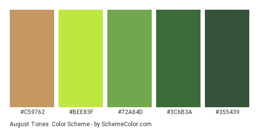August Tones - Color scheme palette thumbnail - #C59762 #BEE83F #72A84D #3C6B3A #355439 