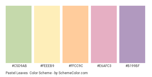 Pastel Leaves - Color scheme palette thumbnail - #C5D9AB #FEEEB9 #FFCC9C #E6AFC3 #B199BF 