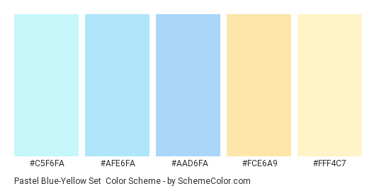 Pastel Blue-Yellow Set - Color scheme palette thumbnail - #C5F6FA #AFE6FA #AAD6FA #FCE6A9 #FFF4C7 