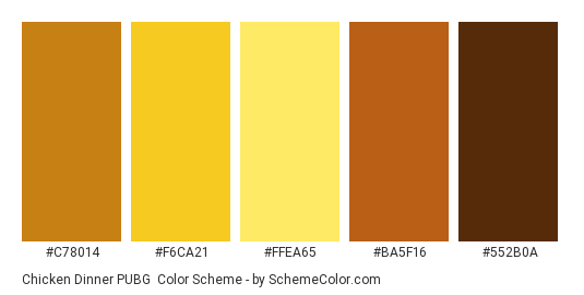 Chicken Dinner PUBG - Color scheme palette thumbnail - #C78014 #F6CA21 #FFEA65 #BA5F16 #552B0A 