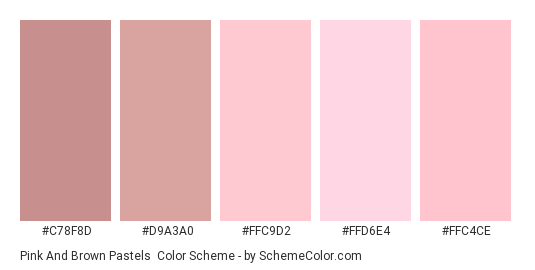 Pink and Brown Pastels - Color scheme palette thumbnail - #C78F8D #D9A3A0 #FFC9D2 #FFD6E4 #FFC4CE 