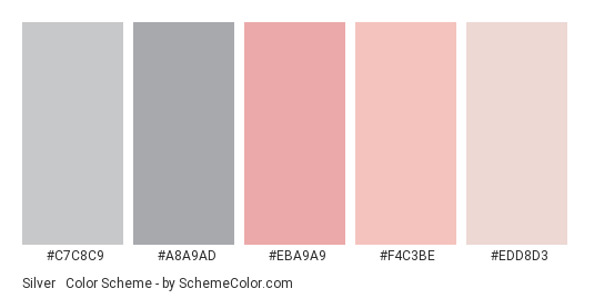 Silver & Pink - Color scheme palette thumbnail - #C7C8C9 #A8A9AD #EBA9A9 #F4C3BE #EDD8D3 