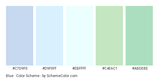 Blue & Greens Soft Level - Color scheme palette thumbnail - #C7D9F0 #D9F0FF #EBFFFF #C4E6C1 #ABDEBE 