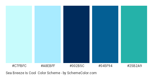 Sea Breeze is Cool - Color scheme palette thumbnail - #C7FBFC #A8EBFF #002B5C #045F94 #25B2A9 