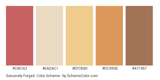Genuinely Forged - Color scheme palette thumbnail - #C86162 #EADAC1 #EFCB8D #DC985B #A17457 
