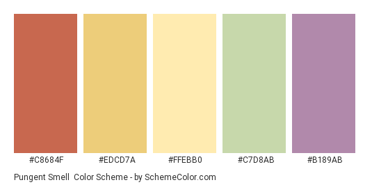 Pungent Smell - Color scheme palette thumbnail - #C8684F #EDCD7A #FFEBB0 #C7D8AB #B189AB 